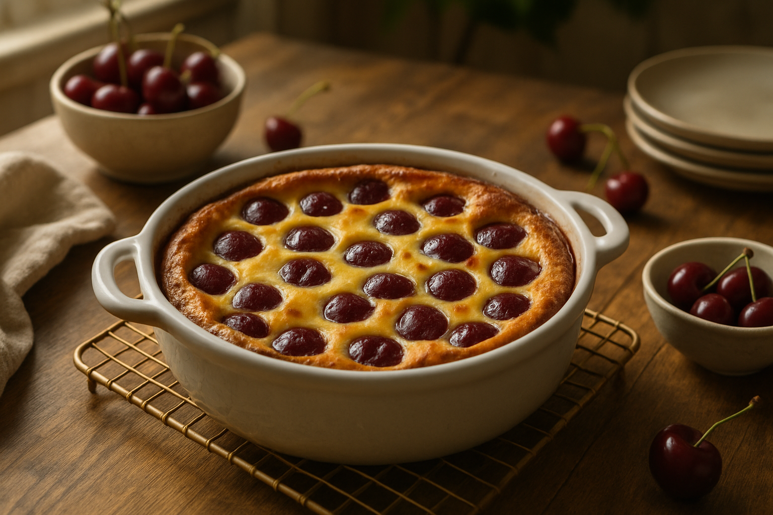 Clafoutis aux cerises fondant, cuit au four à la texture flan épais