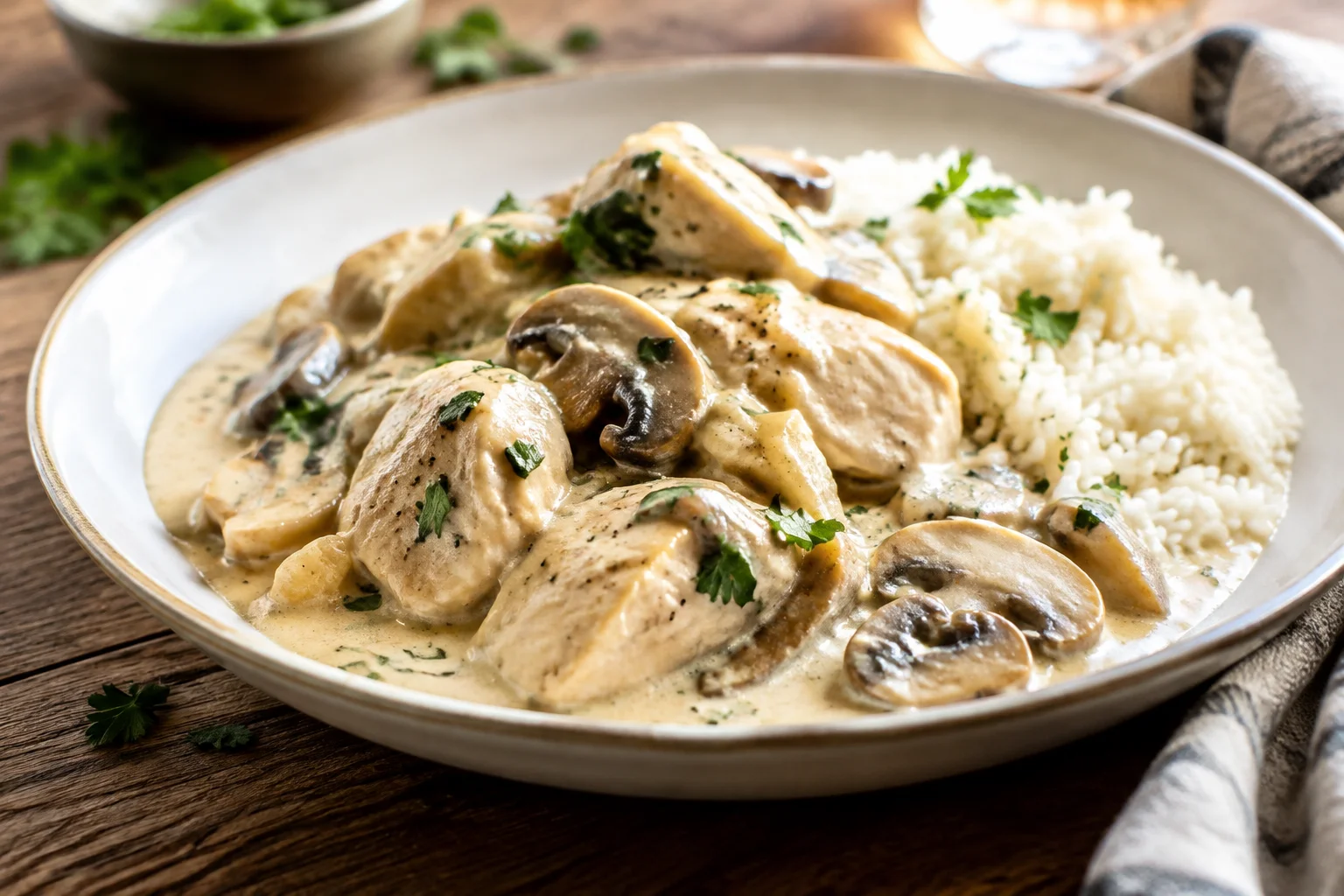 Blanquette de poulet aux champignons et sauce crémeuse au jaune d'œuf
