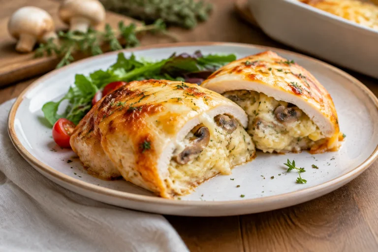 Blanc de poulet farci pommes de terre-champignons au cheddar fondant