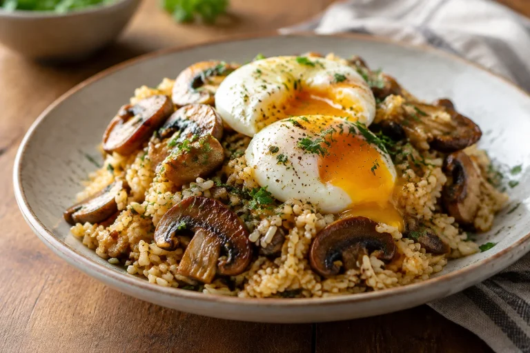 Riz sauté aux champignons dorés, ail et œufs moelleux