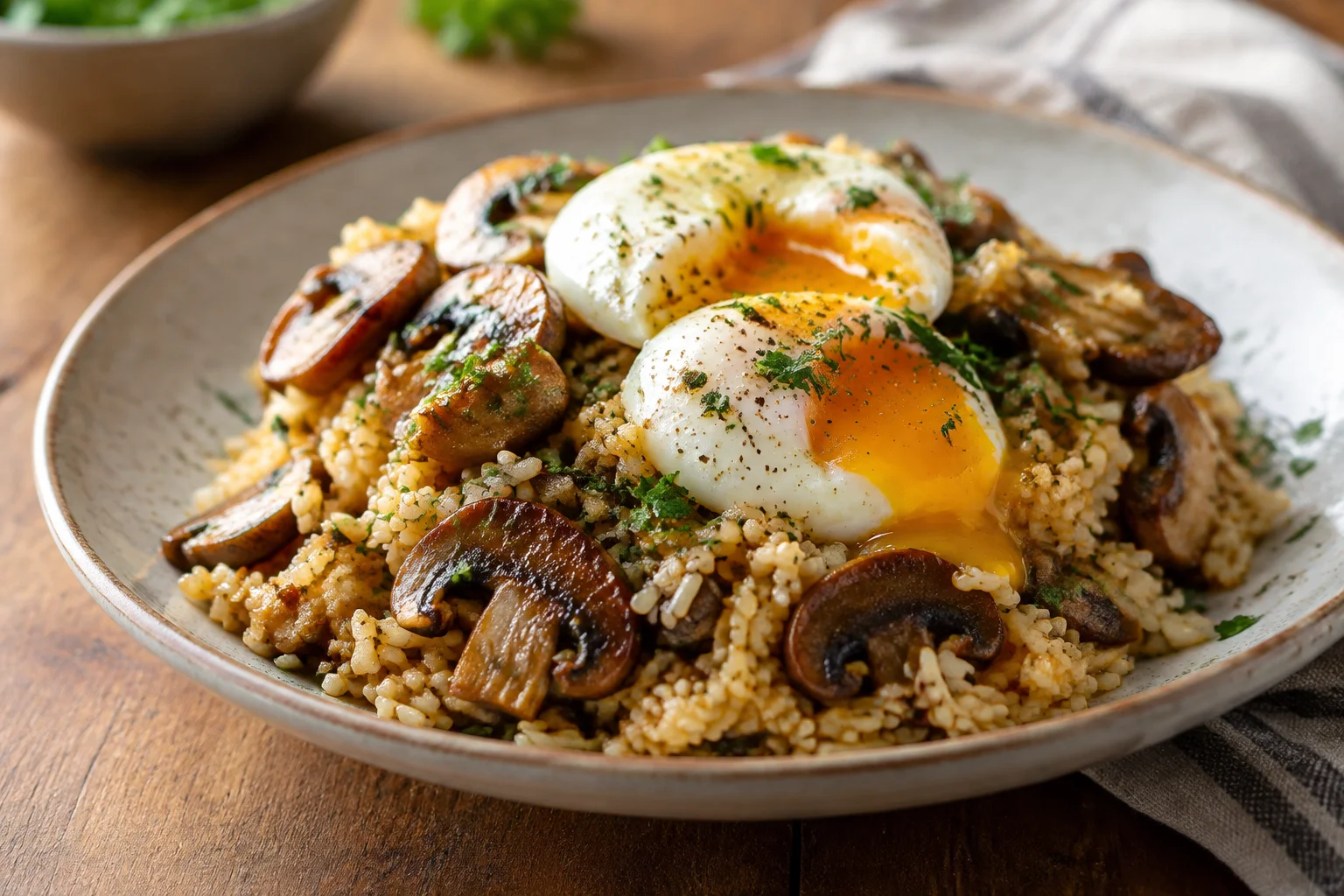 Riz sauté aux champignons dorés, ail et œufs moelleux
