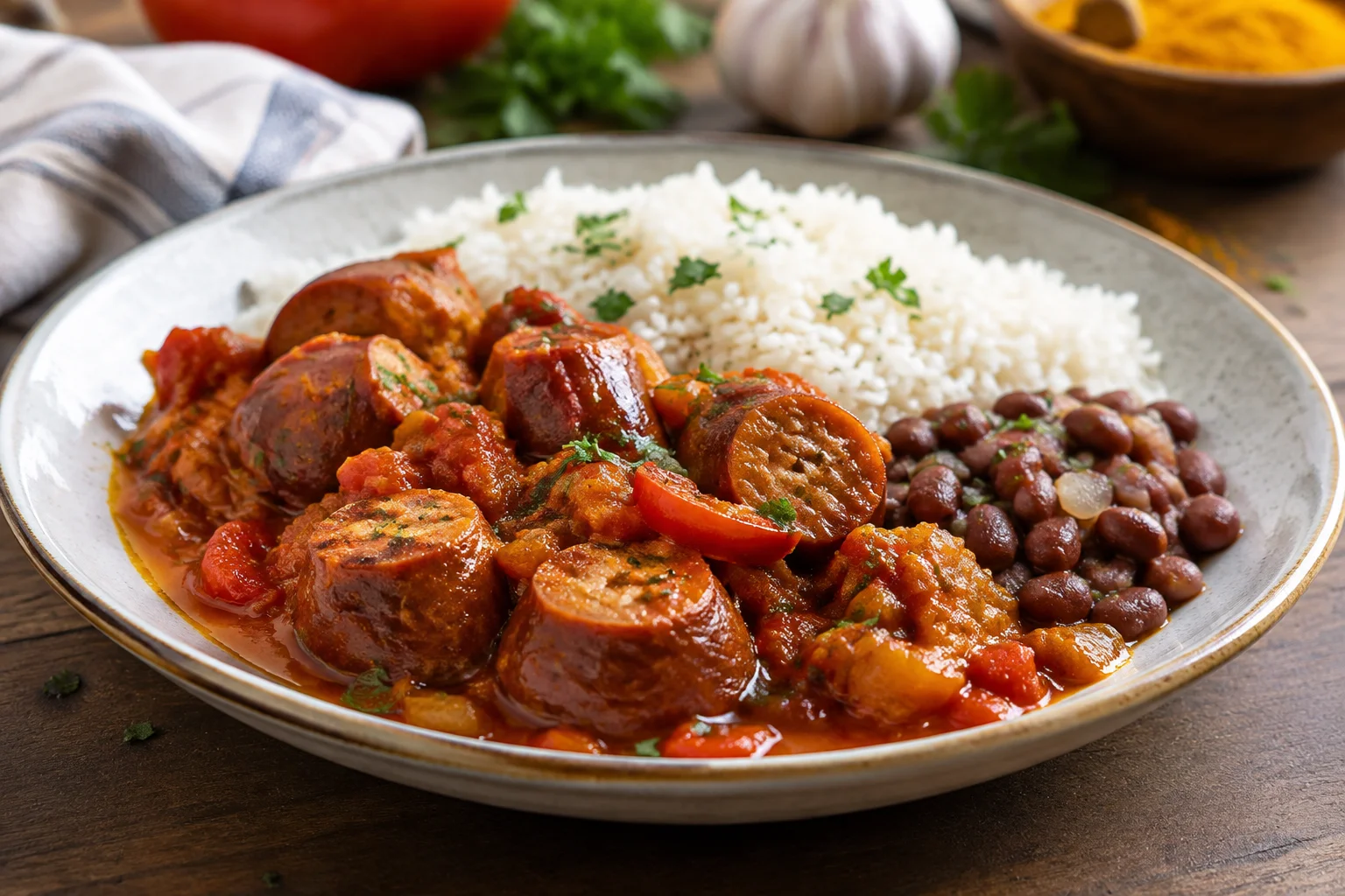 Rougail saucisse fumée à la créole, mijoté tomate-curcuma