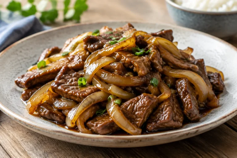 Bœuf sauté aux oignons caramélisés, sauce soja-huître