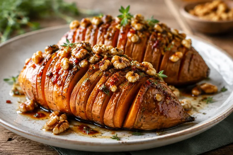 Patates douces Hasselback au glaçage érable-soja et noix caramélisées