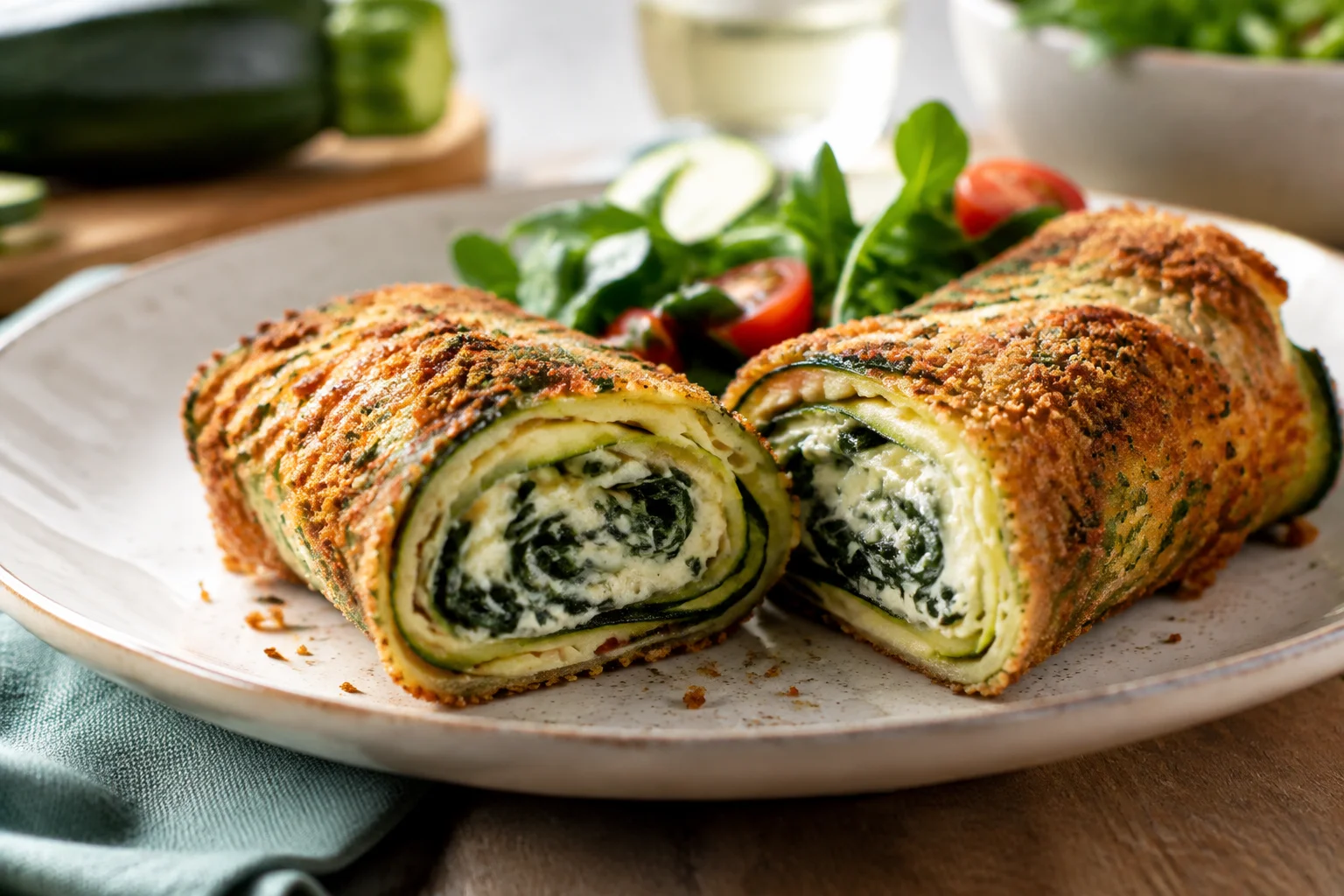 Roulé de courgettes gratiné, farce épinards-fromage panée croustillante