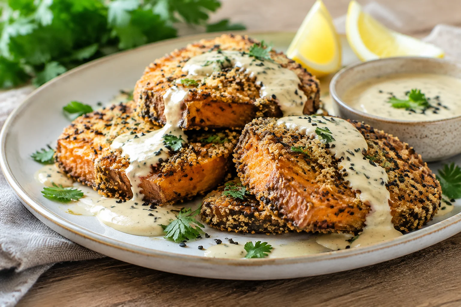 Steaks de patate douce croustillants au panko et sauce cajou-citron