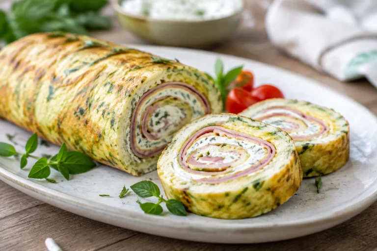 Roulé de courgettes en biscuit moelleux, jambon et fromage ail-fines herbes