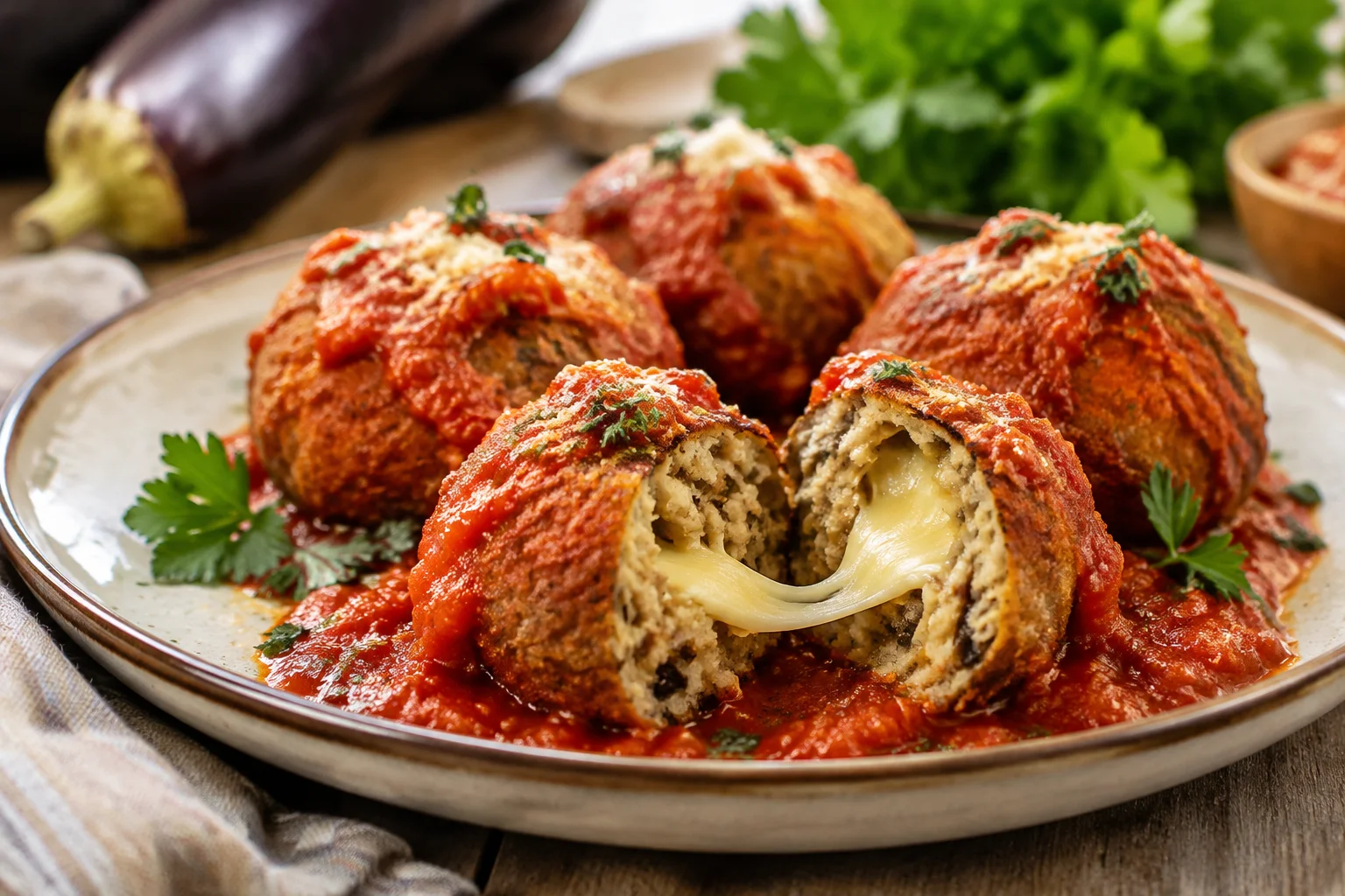 Boulettes d’aubergine fondantes au cœur de fromage filant