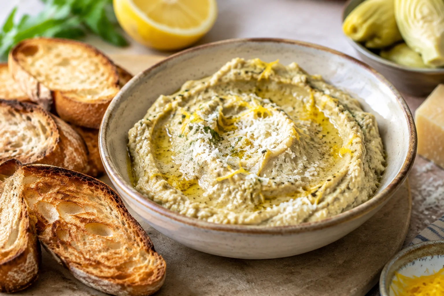 Tapenade d’artichauts au parmesan et citron, texture crémeuse
