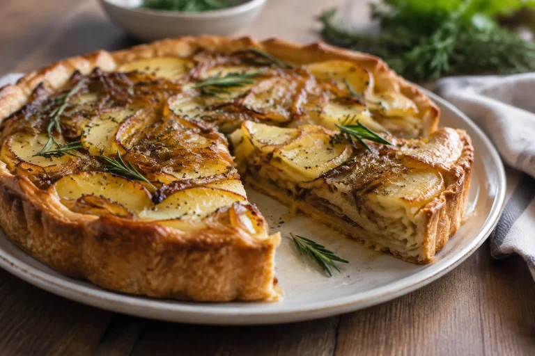 Tarte fondante aux pommes de terre, oignons caramélisés et romarin