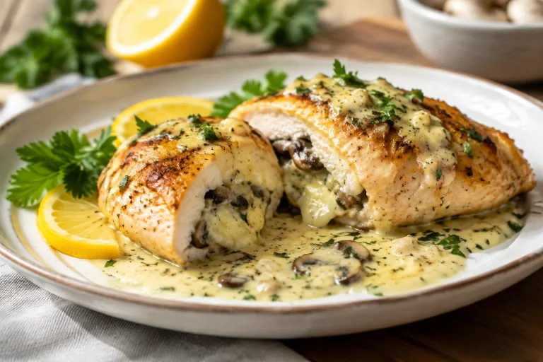 Poulet farci au fromage et aux champignons, sauce beurre-ail et citron