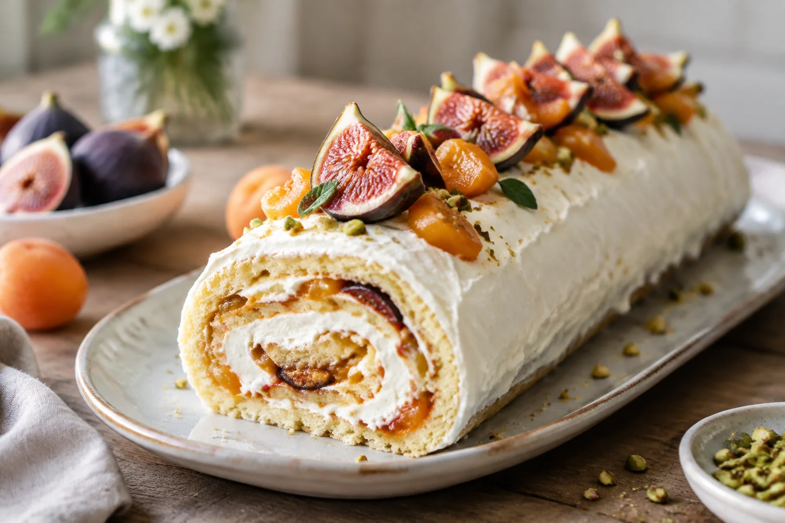 Bûche roulée à la crème mascarpone, compotée d'abricot et figues fraîches