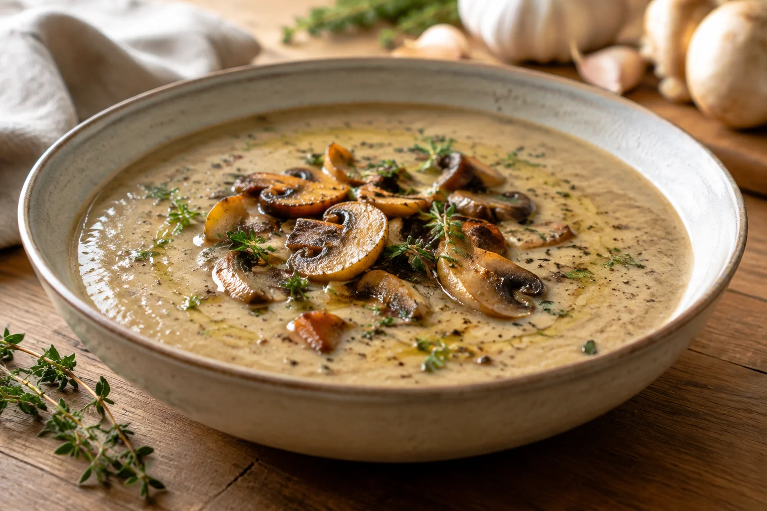 Velouté de champignons de Paris à l'ail rôti et champignons dorés