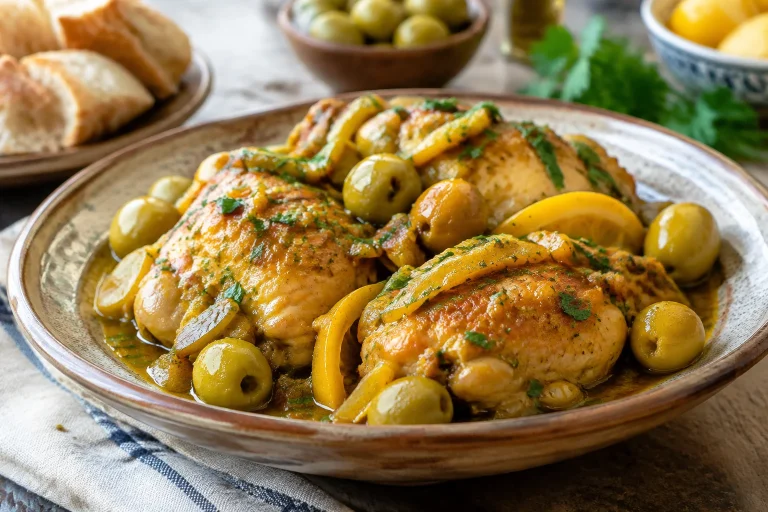 Tajine de poulet mijoté aux olives vertes et citron confit