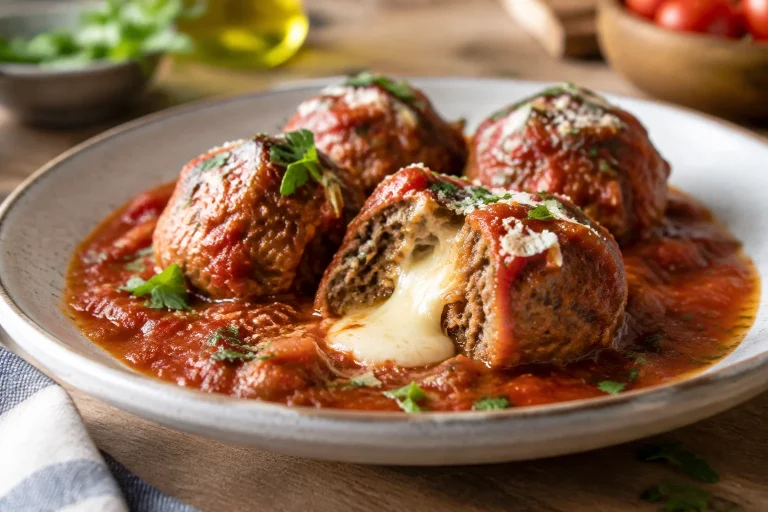 Boulettes de bœuf fondantes au cœur de mozzarella, mijotées en sauce tomate