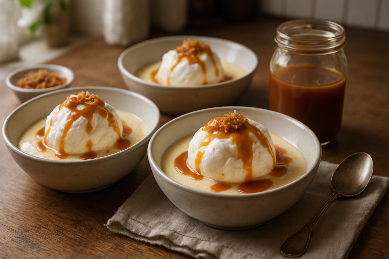 Îles flottantes onctueuses, crème anglaise vanillée et caramel beurre salé maison