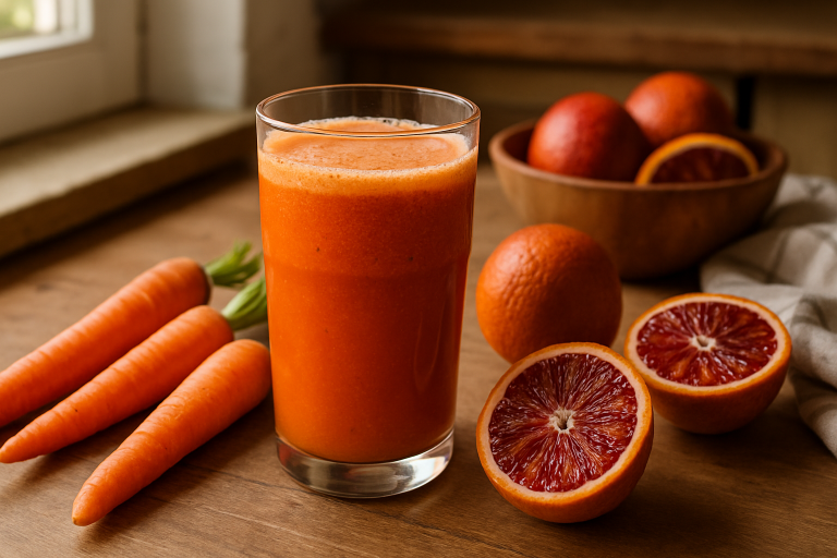 Jus d&rsquo;orange sanguine et carotte pressé à froid, onctueux et vitaminé