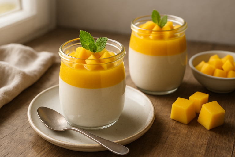Panna cotta soyeuse au lait de coco et mangue fraîche