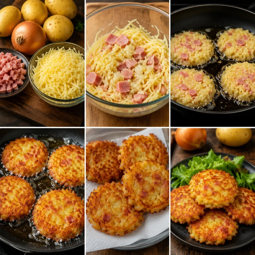 Galettes croustillantes de pommes de terre au jambon et à l’oignon fondant