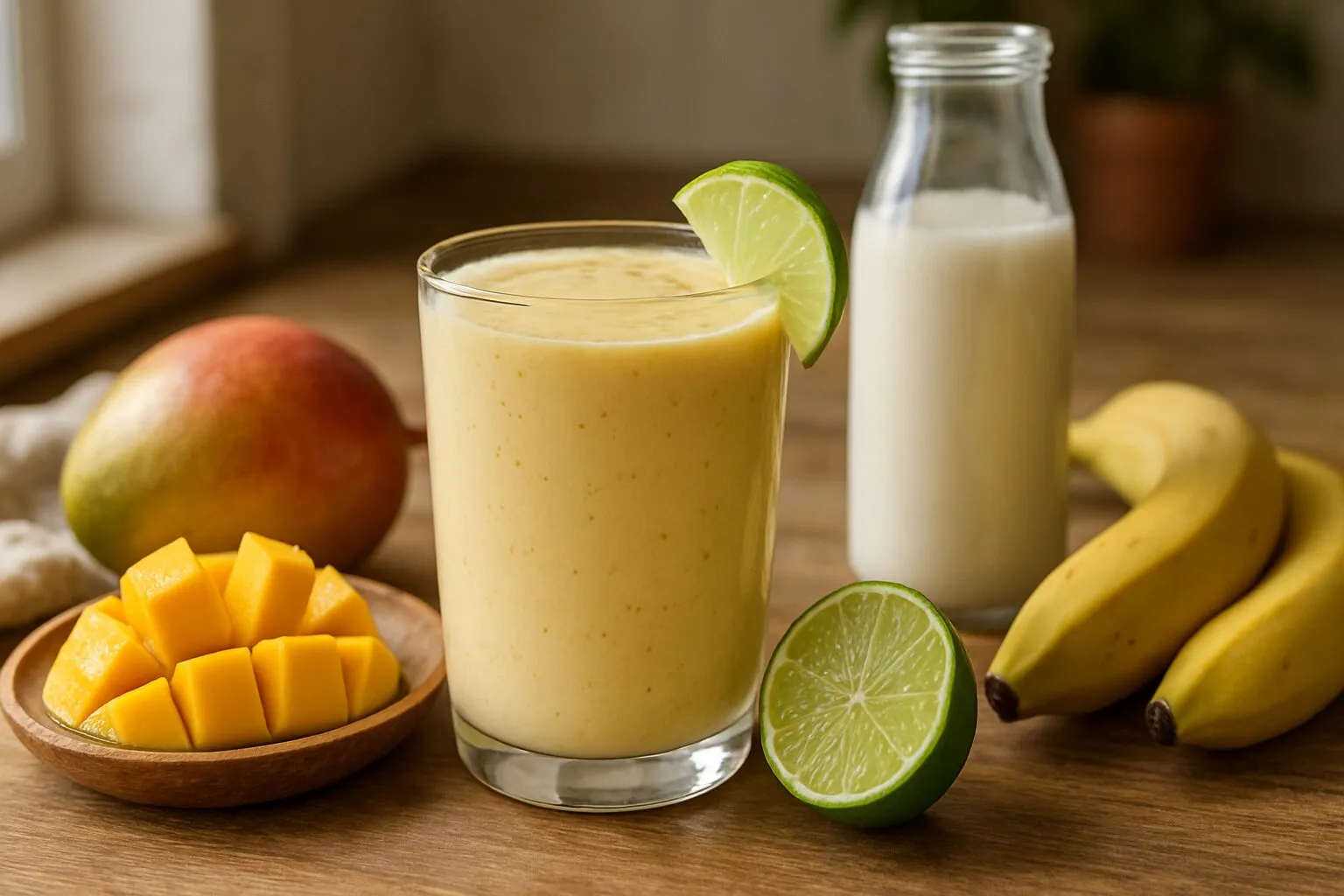 Smoothie mangue-banane onctueux au lait de coco et citron vert