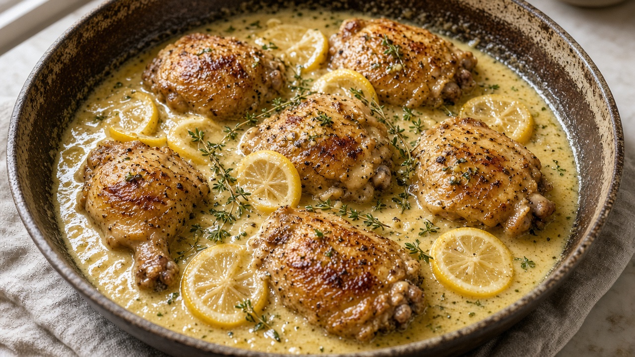 Poulet à la crème et à l’ail, onctueux et citronné
